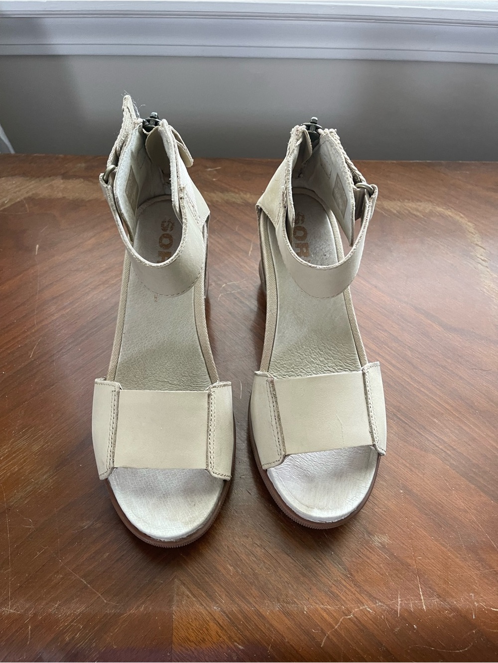 Sorel Beige Ankle-Strap Wedge Sandals